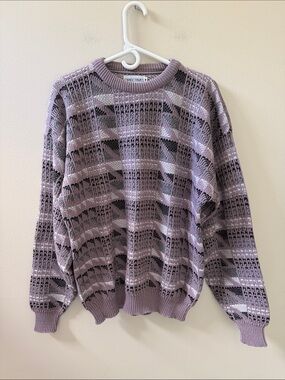 Vintage 90s Men's Purple, Black, Grey Abstract Patterned  Crewneck Sweater, Sz M